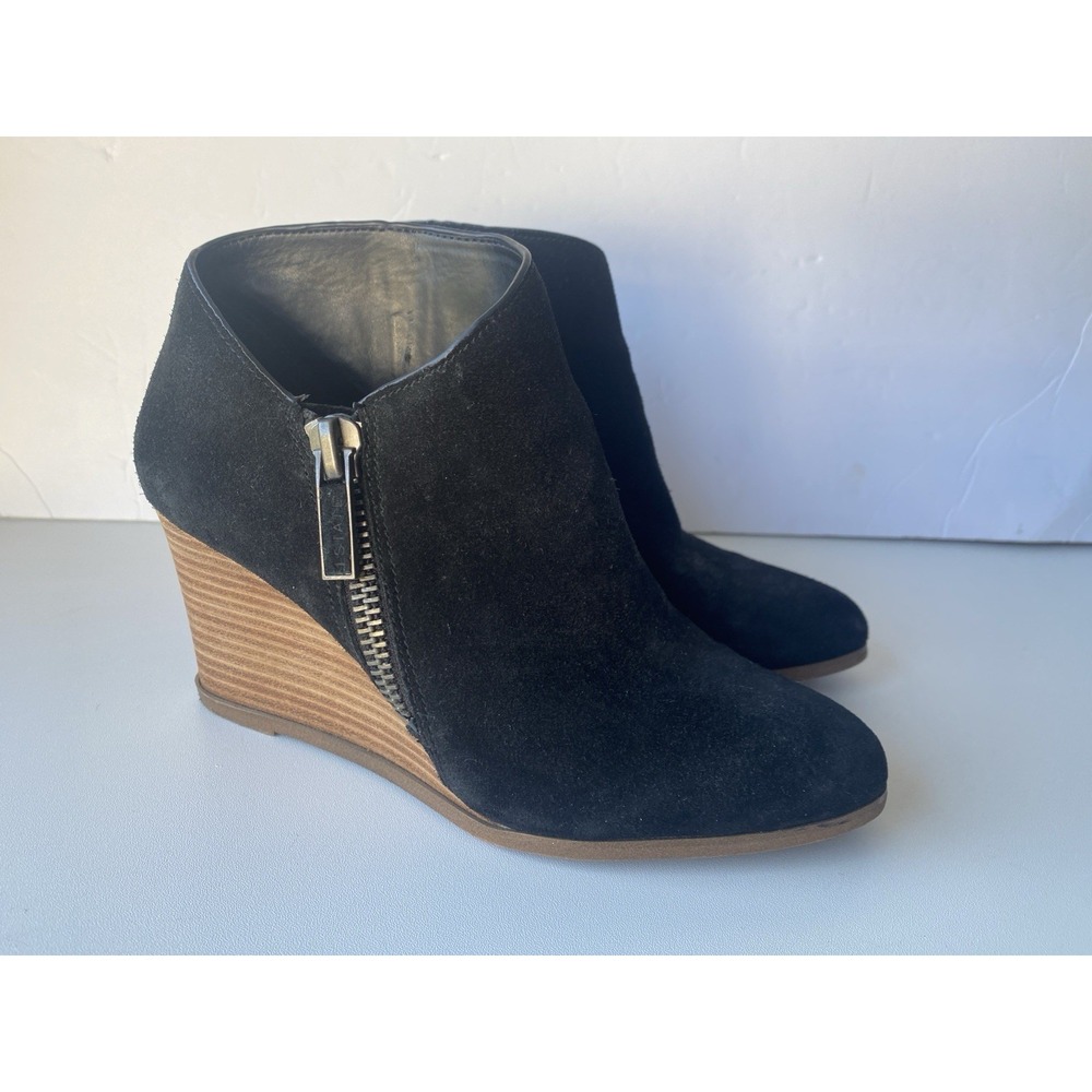 1.STATE Kaleb Black Suede Stacked Wedge Ankle Booties Side Zip Size 7.5 M